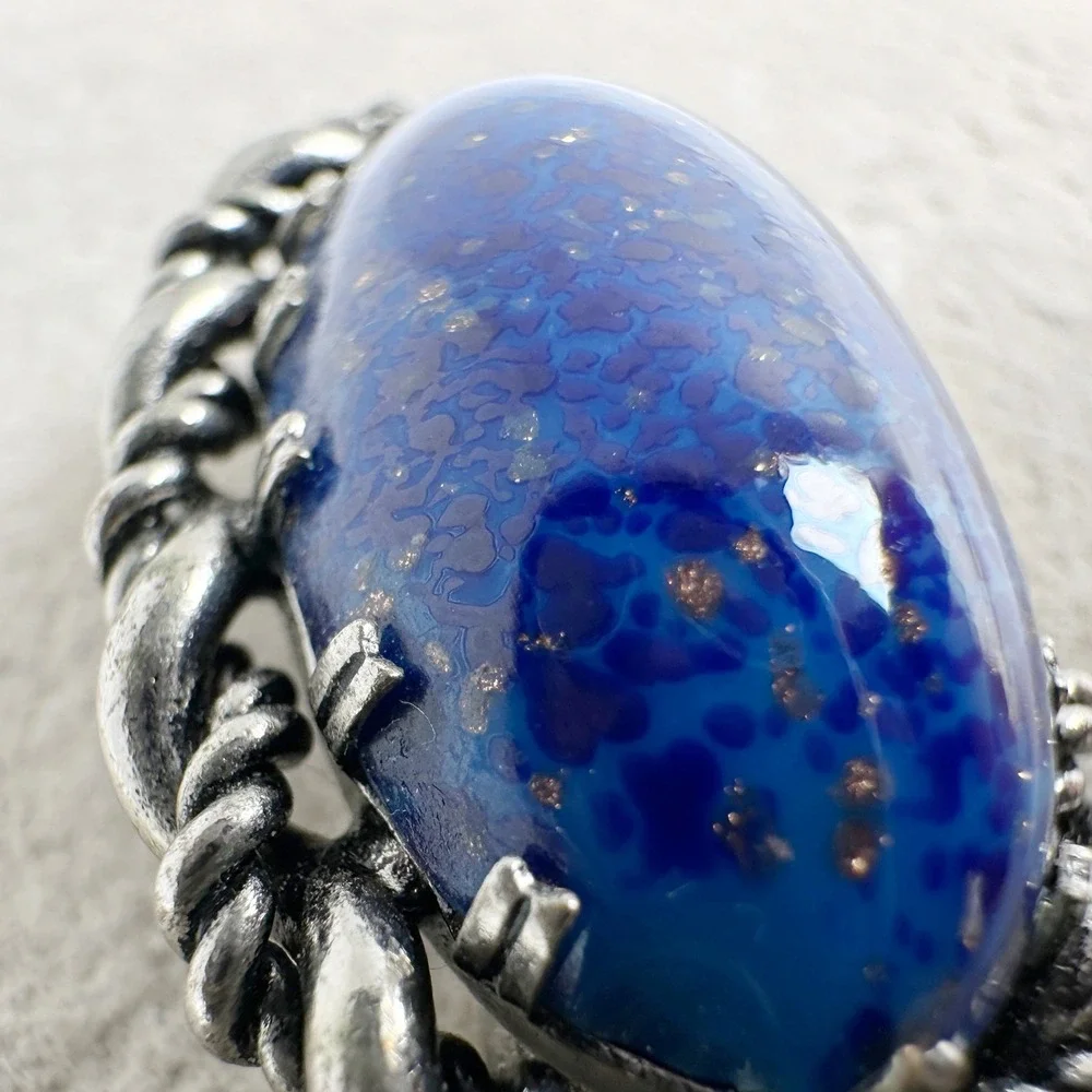 Vintage Western Germany Goldstone Blue Brooch Oval Cabochon‎ Rope Twist